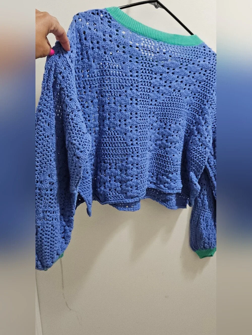 Free People Lavender Crochet Crop Sweater with Mint Trim